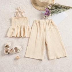 Baby Girl Muslin Cotton Sets Clothing for Girls Kids Newborn Item Summer Solid Color Sleveless Short + Wide Leg Pants  Camisole