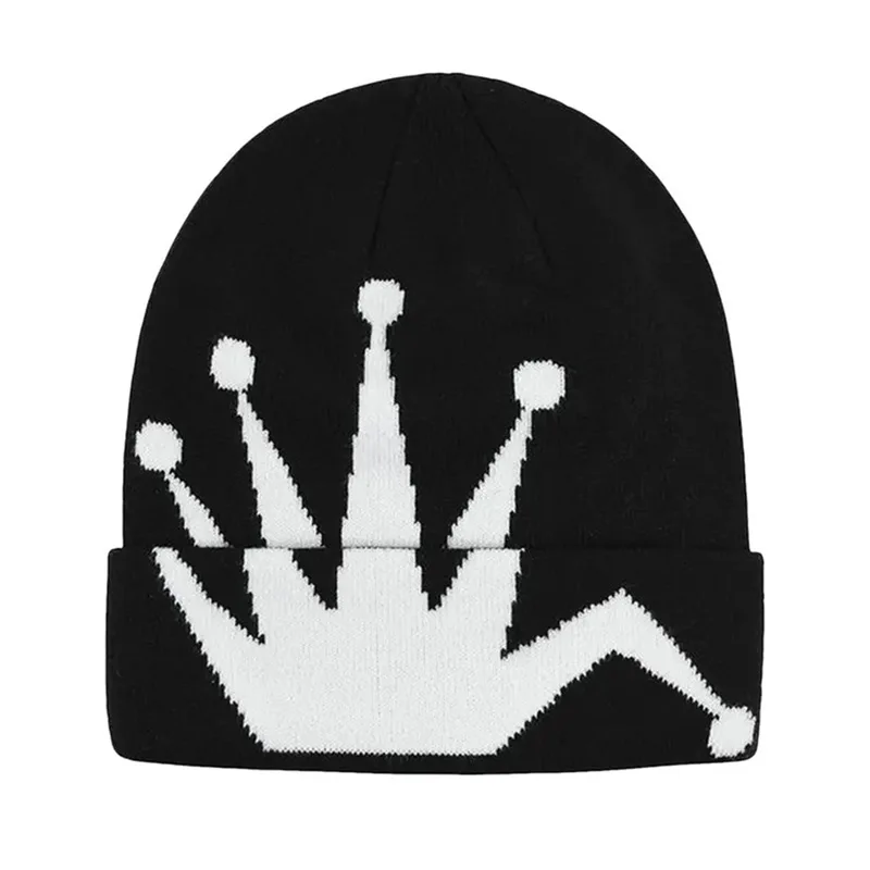 따뜻한 겨울 크라운 프린트 니트 비니 모자 블랙 화이트 소프트 아크릴 니트 캡 유니섹스 스트리트 패션 캐주얼 편안한 매일