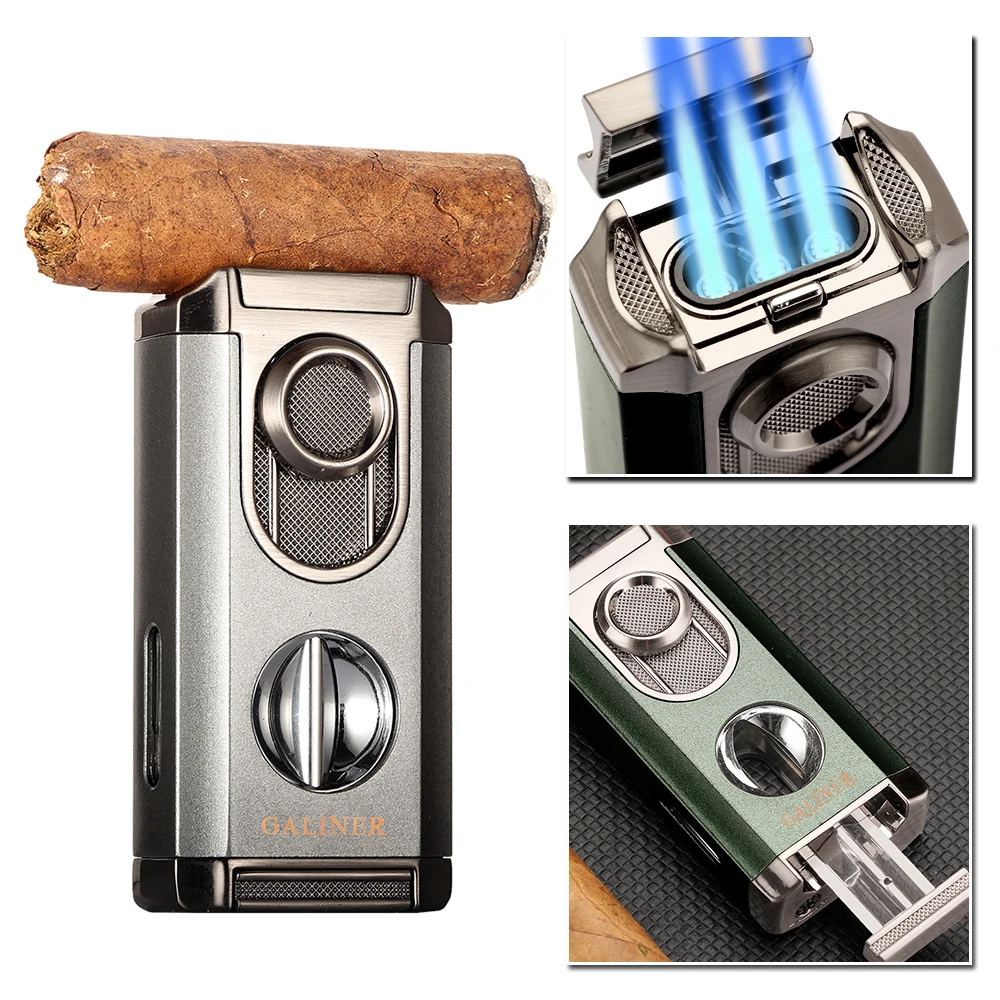 

GALINER Cigar Lighter Metal Butane Gas Torch Jet Flame Lighters With Cigar V Cutter Portable Holder Cigar Support