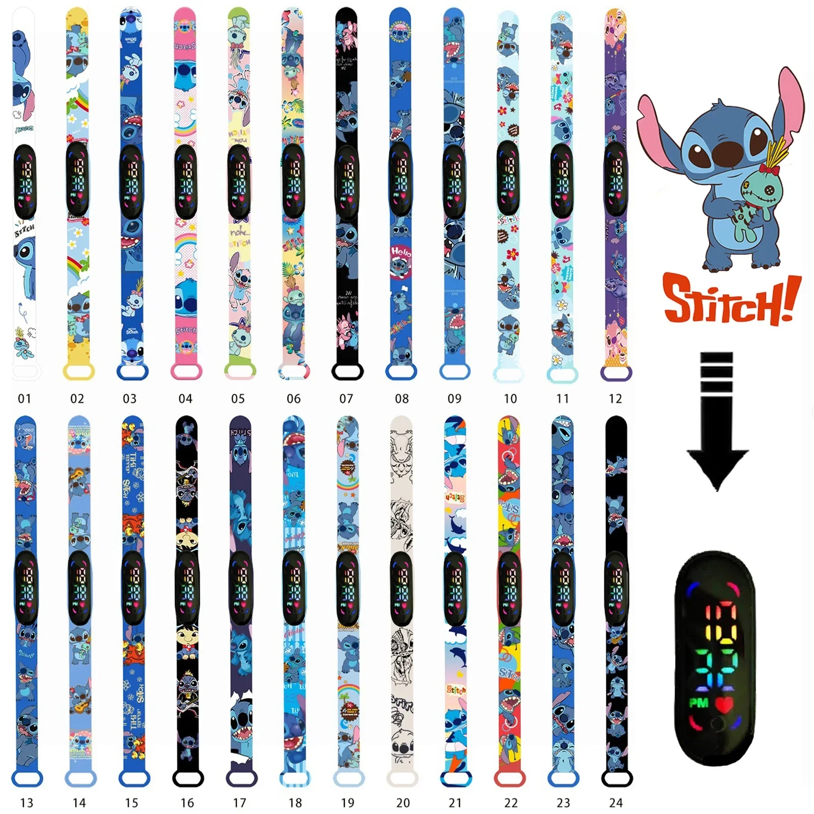 Disney Stitch children\'s Cartoon Anime Character Luminous Bracelet Watch LED Touch Waterproof Clock Sports Gifts Christmas Toys