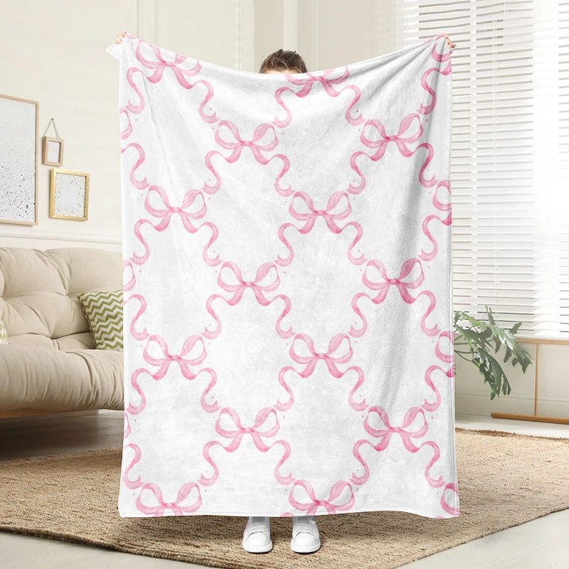 

Pink Bow and Flower Flannel Blanket Fluffy Cozy Throw Adult Nap Blankets Soft Bedding Sofa Blanket for Party Home Decorations