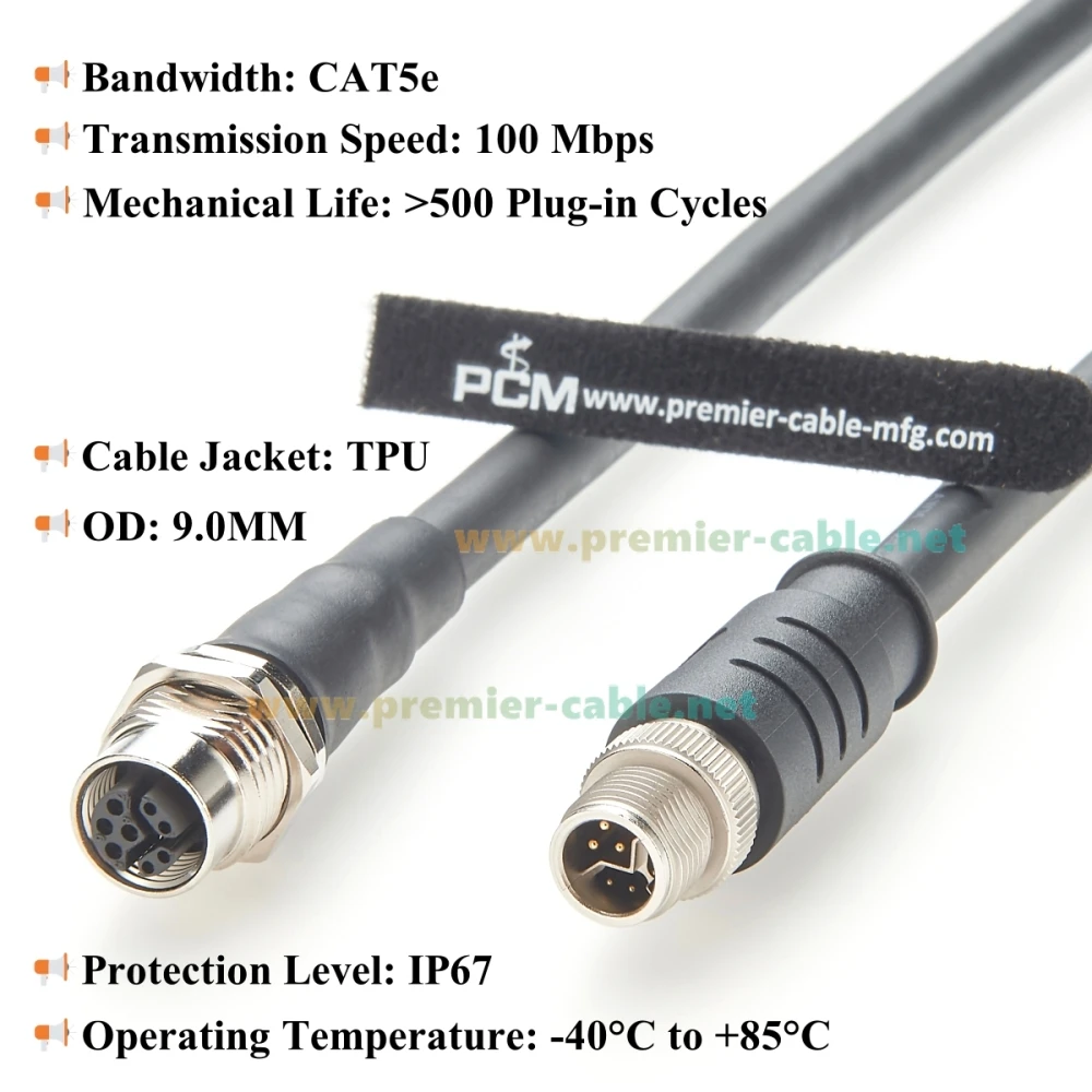 パネルマウントM12 Yコード延長ケーブル オス-メス IP67 CAT5e Micro-C イーサネット＆電源ケーブル カメラ、マシンビジョン用