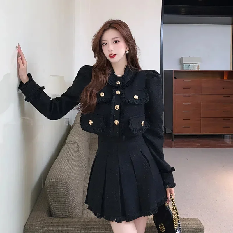 2024 Tweed Women Black Vintage Office Lady Single Breasted Blazer Female Casual Slim Short Blazer Coats Tweed Jacket Black Tops