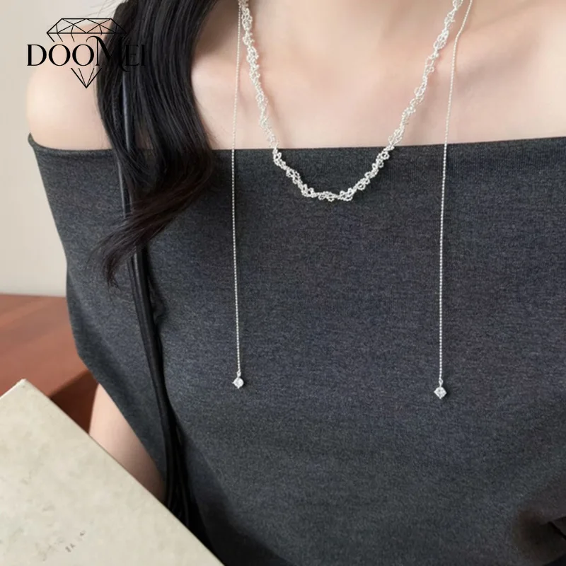 DOO MEI Shiny Zirocon Chain Necklaces for Women Dainty Layered Y‑shape Lariat Necklace Daily Office Dating Fashion Jewelry
