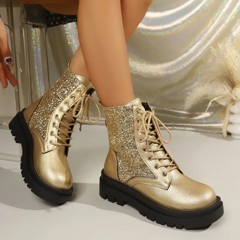 Sequin Lace-up Short Boots for Women 2026 New Thick-soled Heightened Thick-heeled Leather Shoes