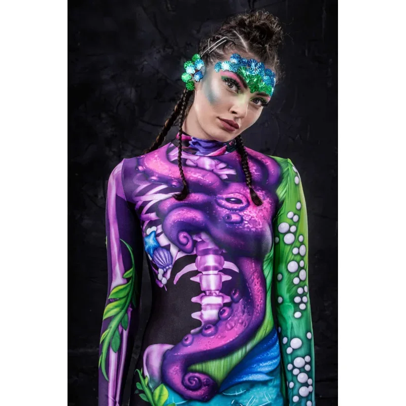 Scale Pattern Cosplay Costume Women Female Girls Boys Suit Zentai Super Hero Unisex Bodysuit Long-sleved Jumpsuit Adults