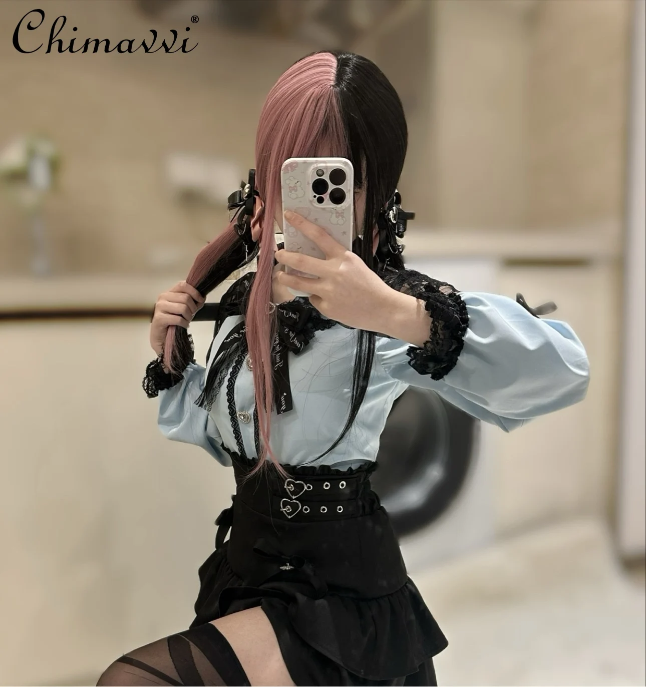 

Original Japanese Mine Series Lace Long-sleeved Shirt Spring and Autumn New Sweet Cool Girl Goth Loose Kawaii Lolita Top Blouse