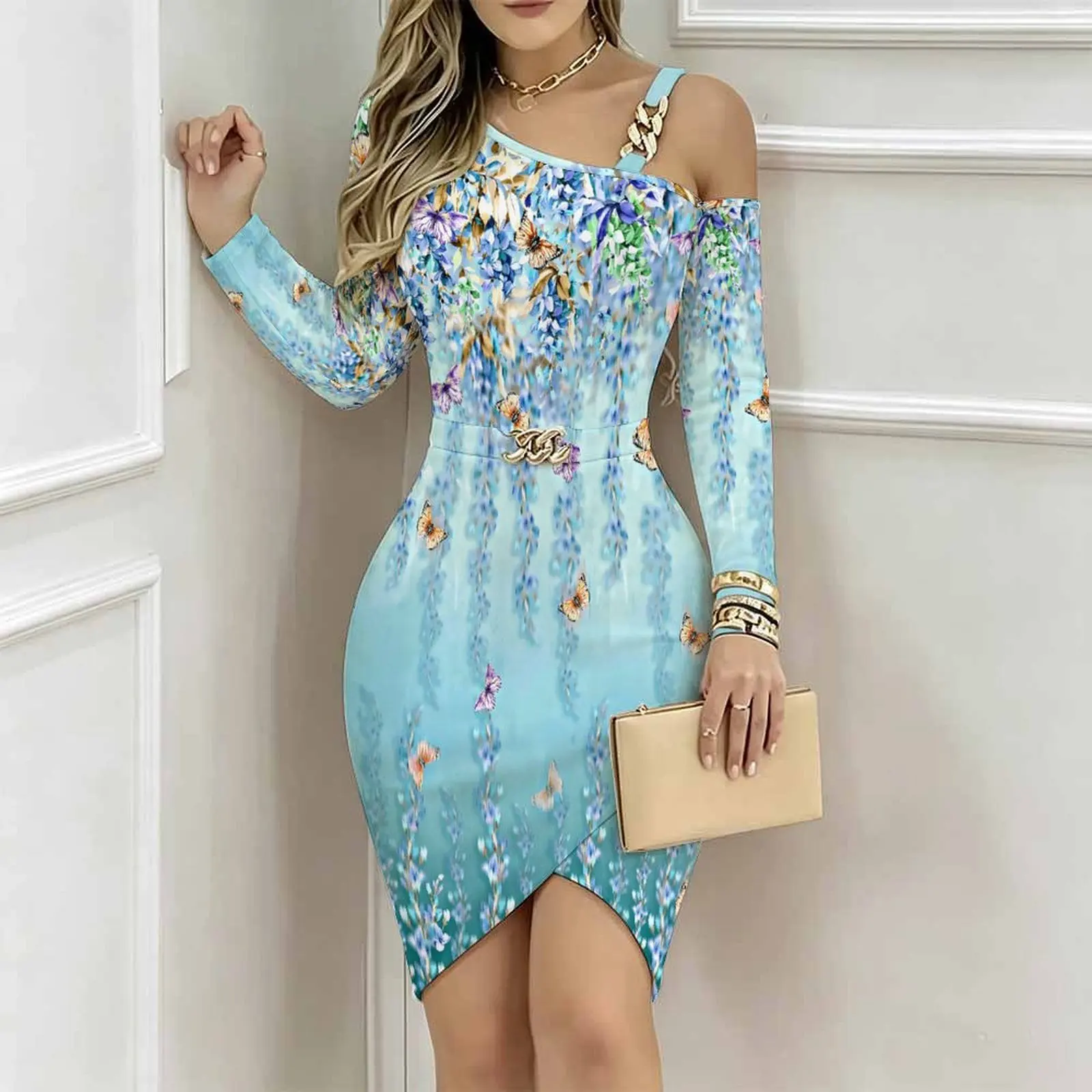 Women One Shoulder Bodycon Midi Dress Chain Strap Detail Metal Buckle Belt Irregular Split Hem Slim Fit Custom Print Part Dress