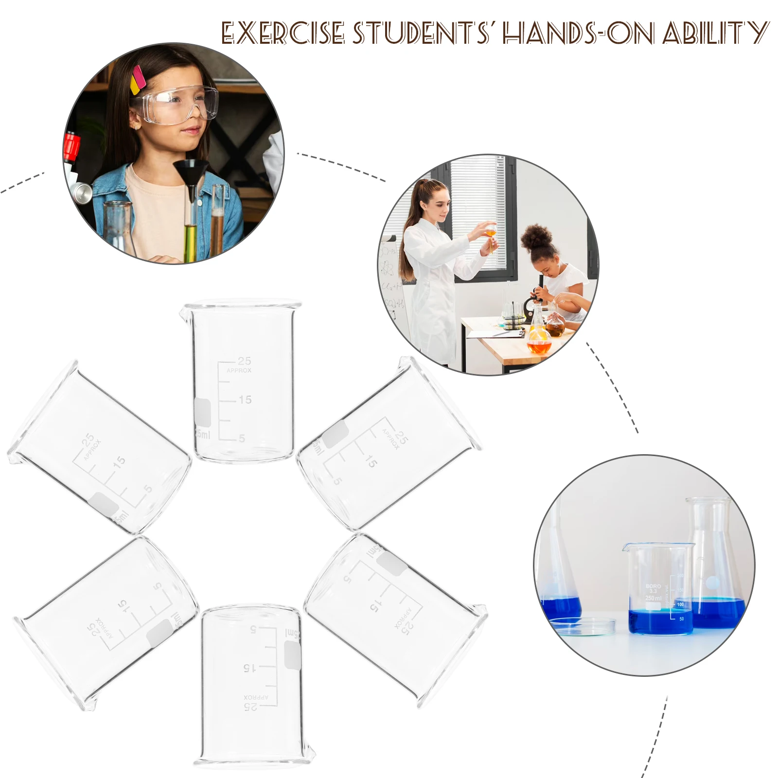 6 قطعة مجموعة أكواب زجاجية وضع مستقر قاعدة حمض مقاومة كيميائيًا أكواب قياس المذيبات كوب قياس المختبر