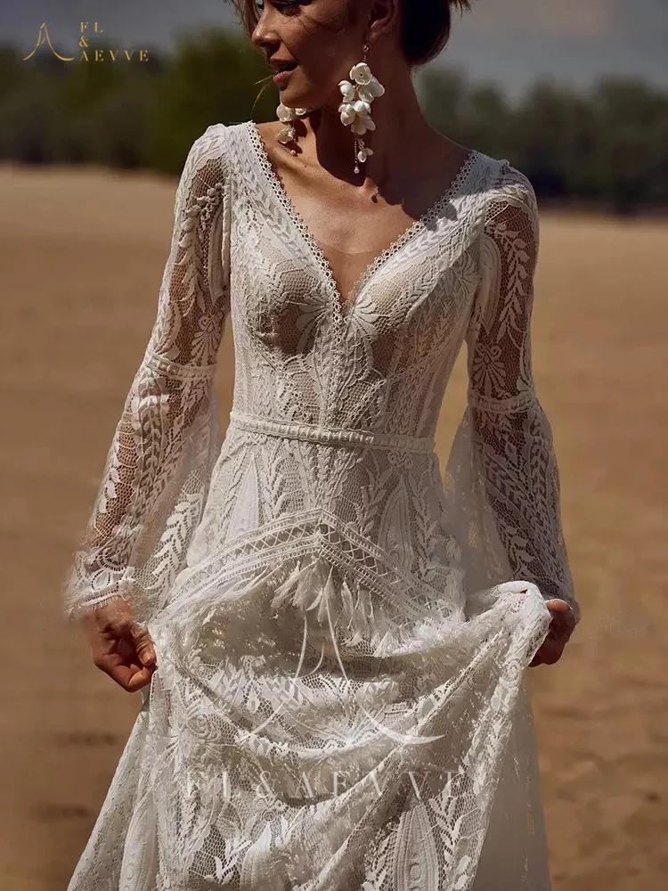 FL & AEVVE فستان زفاف أنيق من الدانتيل البوهيمي المدنية بأكمام طويلة مخصصة فستان زفاف هيبي كروشيه فستان غاتسبي Elvish رداء #5