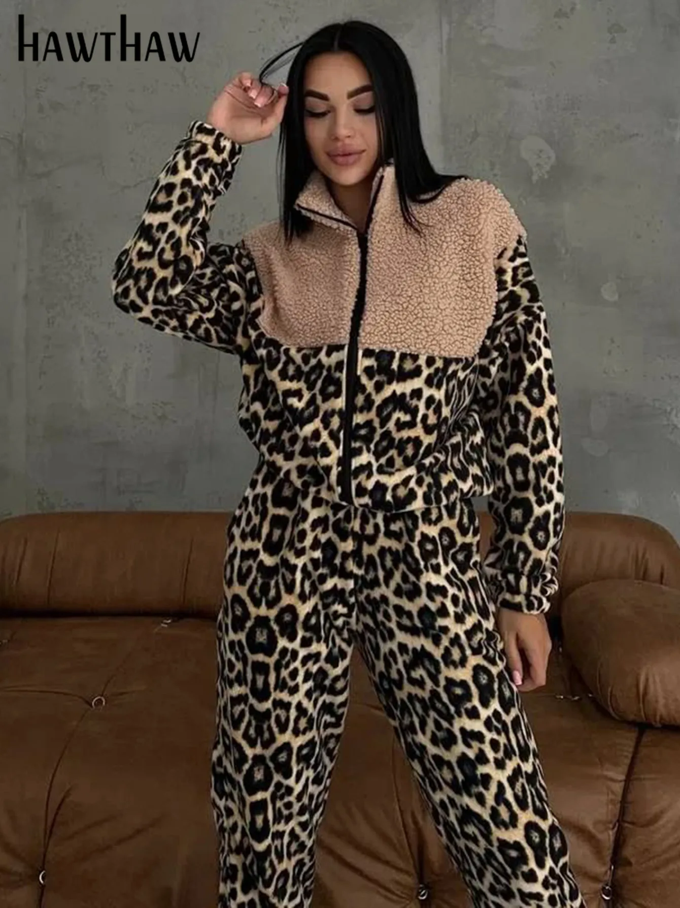 Hawthaw Women 2025 Autumn Winter Fashion Long Sleeve Tops Long Pants Leopard Two Piece Sets Outfit Wholesale Items For Business