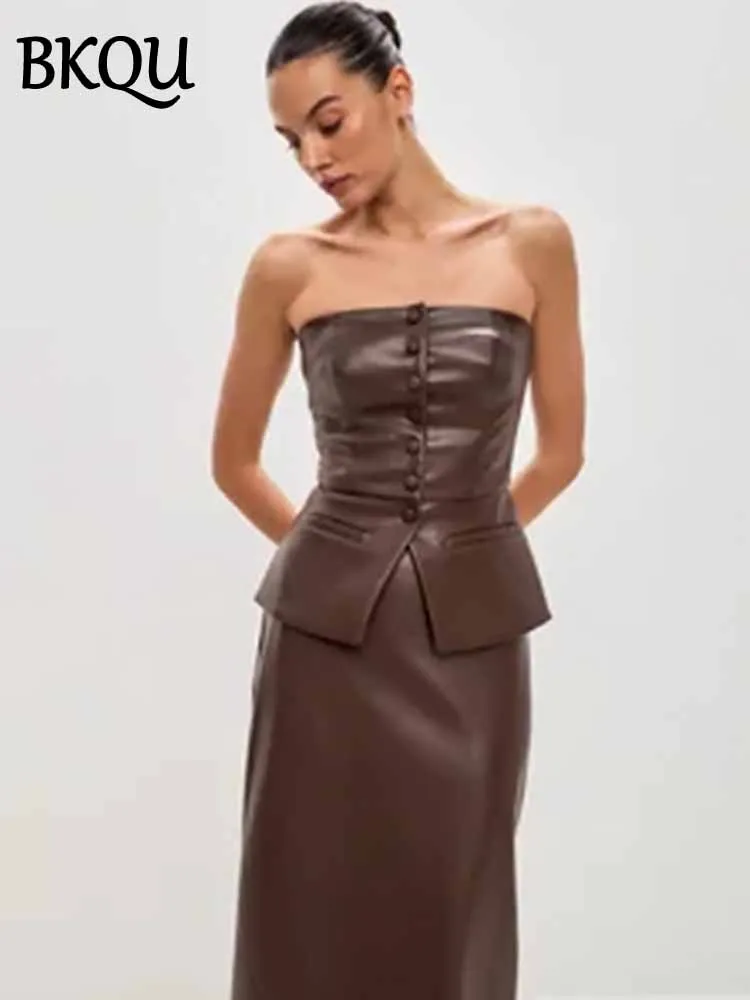 Bkqu couro falso feminino único breasted tubo topos gótico sexy sem alças sem costas espartilho topos noite clube y2k festa rave regatas