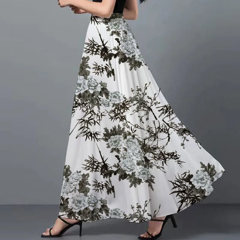 2024 Summer Long Lightweight Large Size Chiffon Skirt Womens Bohemian Flare Casual Floral Skirt Holiday Style Female Skirts