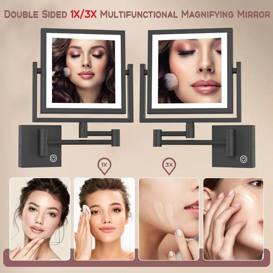 مرآة مكبرة للمكياج سلكية مثبتة على الحائط، تكبير 8 بوصة مزدوج الجوانب 1X 3X، قابلة للتعتيم باللمس، تمديد نحاسي 360 متأرجح أ #3