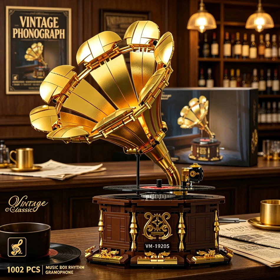 1002 PCS MOC Retro Phonograph Music Box Building Blocks Vintage Gramophone Record Player Constructions Assembly Bricks Toys Gift