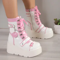 Comemore Women's Shoes Platform Lolita Boots Woman Wedge Heels Women's Mid Calf Booties Gothic Pink Kawaii JK Cosplay Long Botas