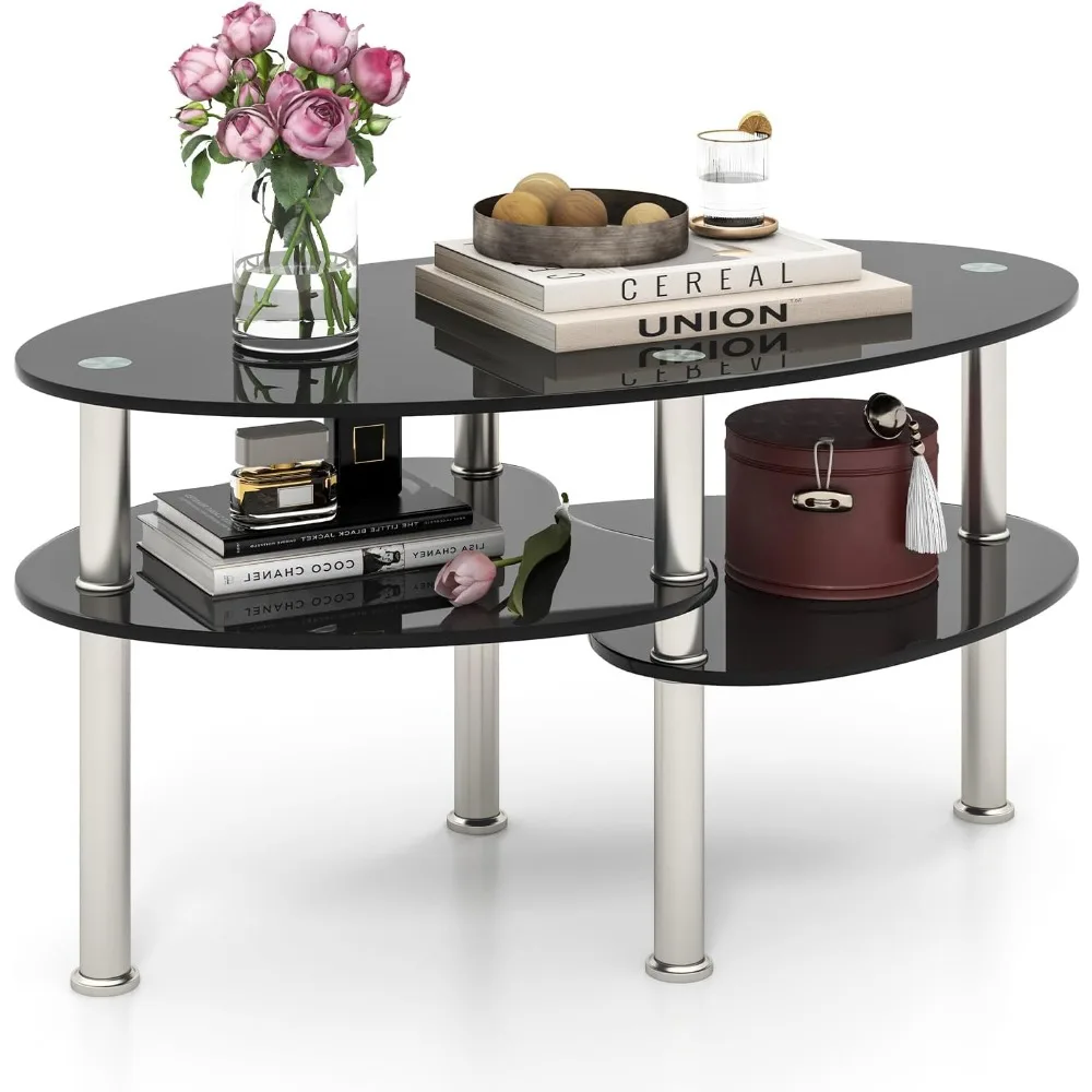 

Oval Glass Coffee Table - 3-Tier Transparent Tempered Glass Table W/Sturdy Chrome Plated Legs, Small Sofa Side Table