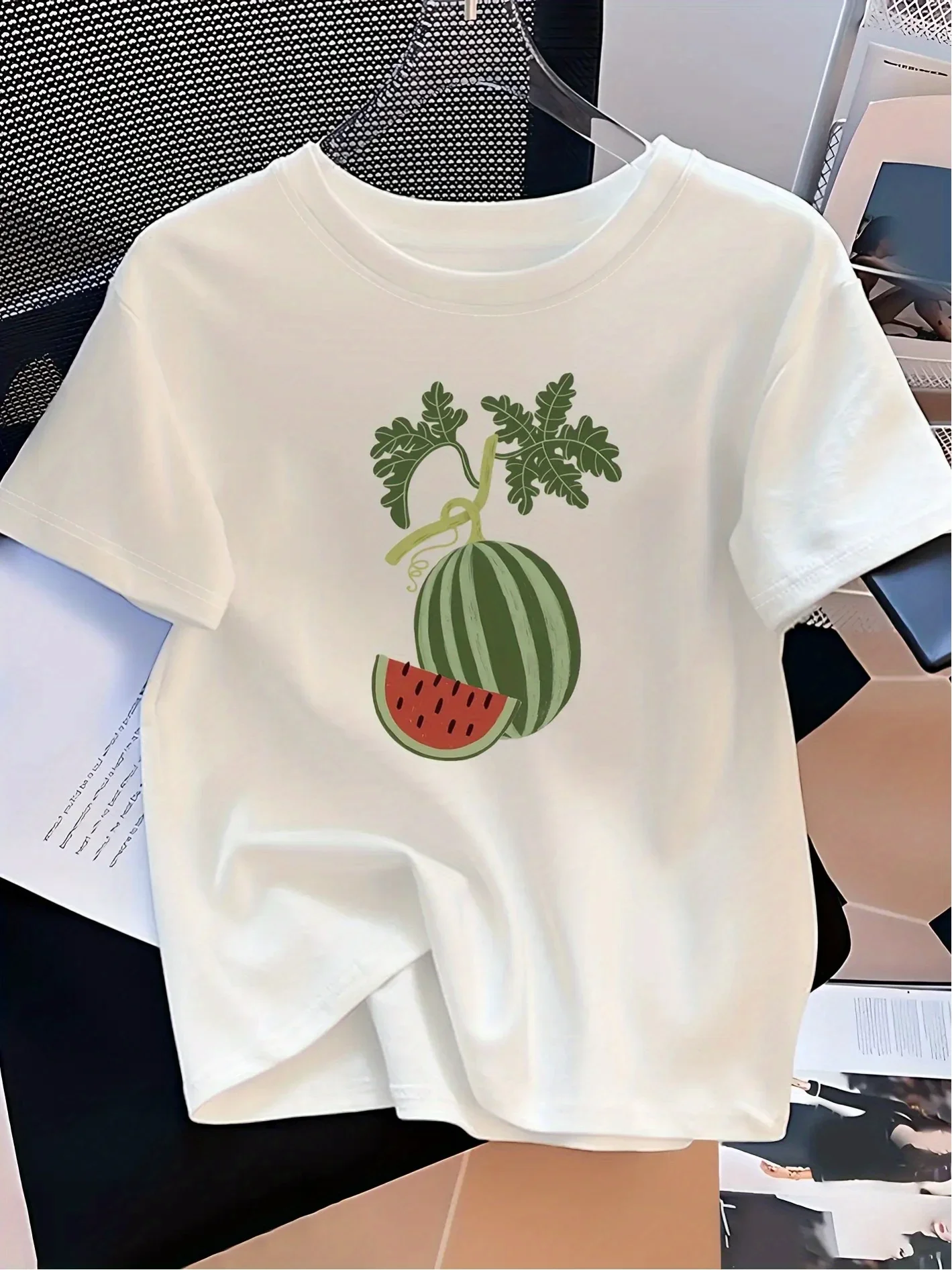 Women'S Cute Watermelon Cucumber Print Summer Sleeve Round Neck Breathable White Tee with Green Leaf Red Watermelon Slice Design