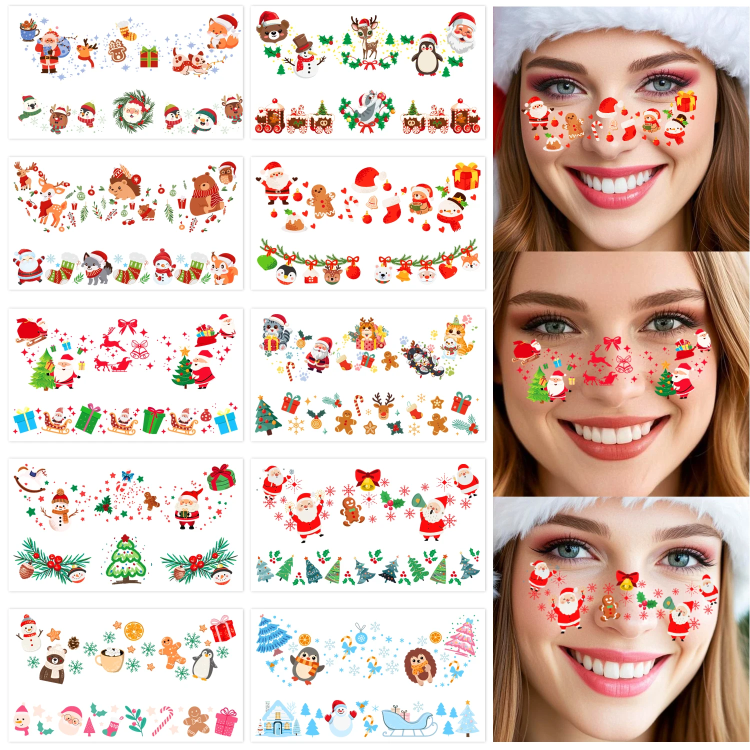 

10 Sheets Christmas Face Temporary Tattoos, Freckle Makeup Patches, Waterproof and Easy to, Christmas Party Supplies,