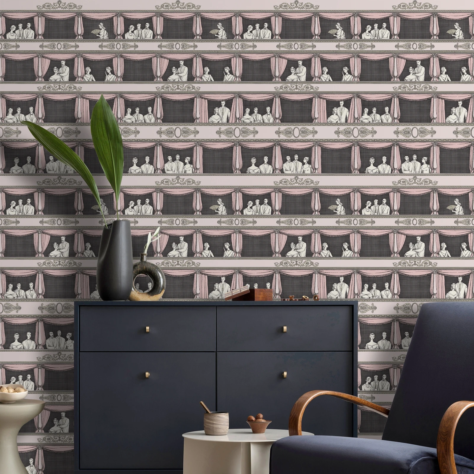 

Винтажные обои Peel and Stick, элегантный розовый и черный театр - клейкая бумага для сцены, ретро-украшения для дома, 50xm * 300 см