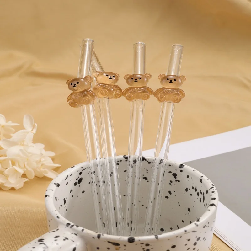 3/5PCS Brown Bear Glass Straw. Adorable Curved Reusable Straw for Iced Coffee, Milk Tea & Juice. Perfect Party Accessory