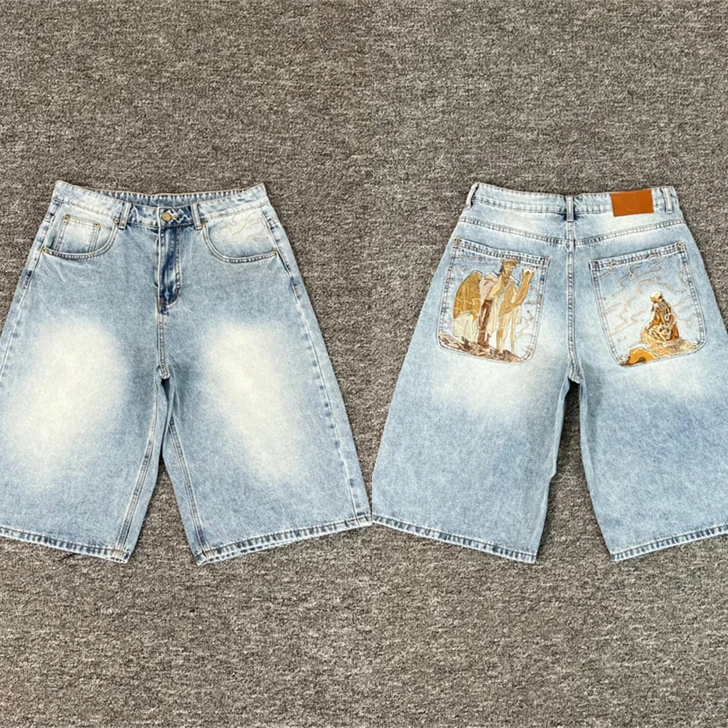 

Derschutze Embroidery Vintage Washed Denim Shorts Men Women High Quality Jean Breeches