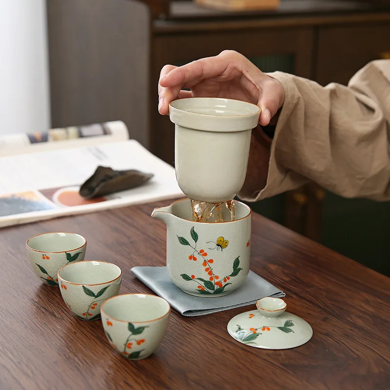 Ge Kiln Hand-painted Travel Kung Fu Tea Set Outdoor Tea Drinking Ceramic Teapot Teacups One Pot Three Cups Portable Small Set