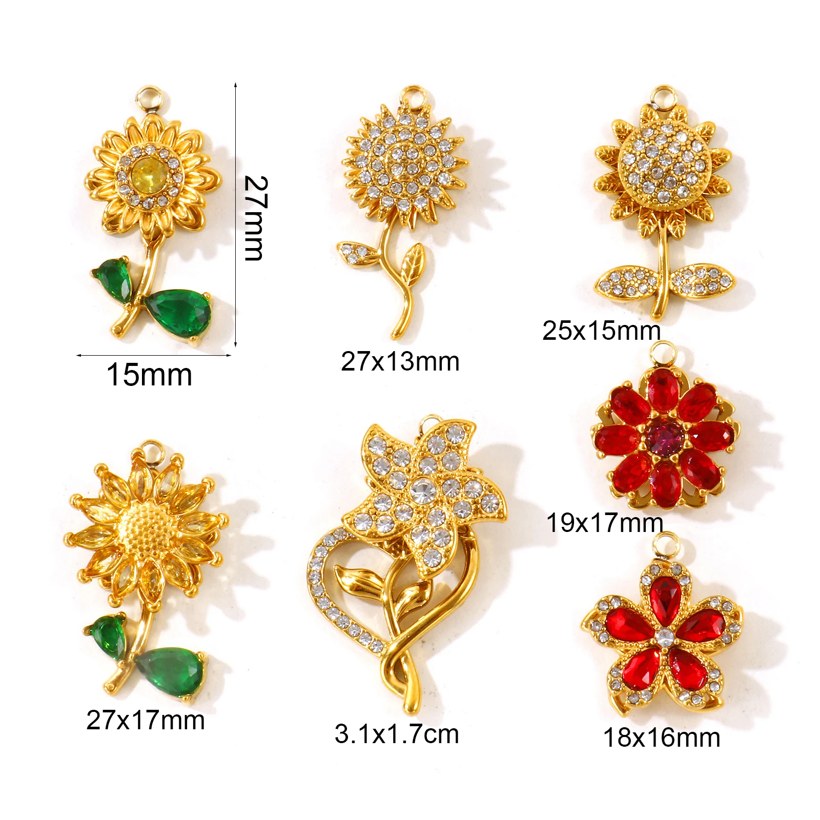 1pc Flower Rotatable Multicolour Cubic Zirconia Charms 18K Gold Plated Stainless Steel Flora Pendant Women DIY Necklace Jewelry