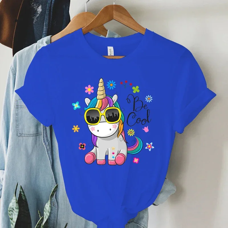 Short Sleeve T -Shirt Cool Unicorn Print Women Summer Casual Harajuku Shirt Woman Y2k Aesthetic Graphic Clothes Cartoon Tshirt