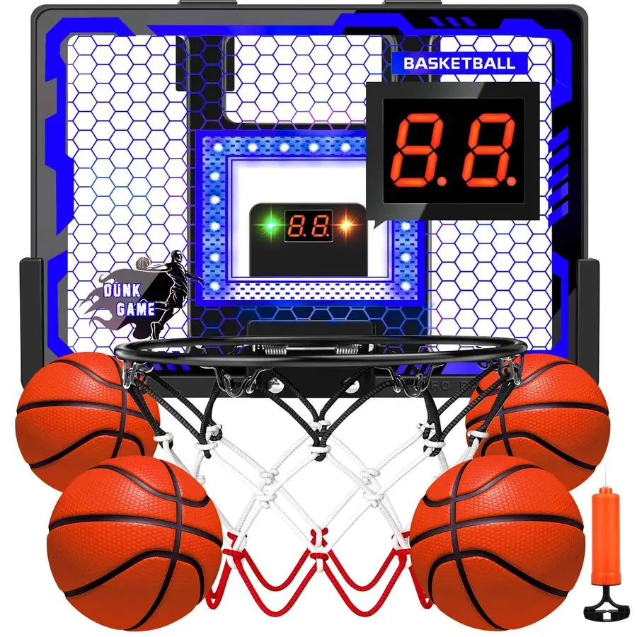 

Basketball Hoop Pro for Kids, Over The Door Basketball Hoop with LED Light Scoreboard 4 Balls Upgraded AntiImpact Backboard, Bas
