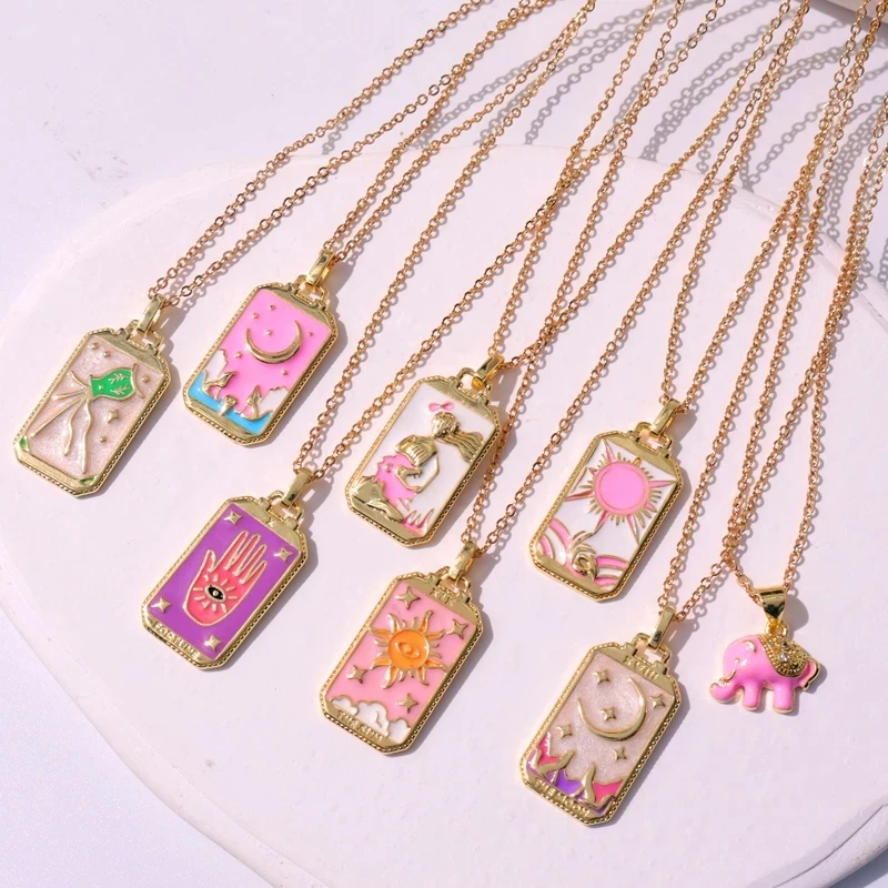 Pink Dripping Oil Punk Tarot Sun God Star Moon Hand Flame Elephant Girl Enamel Square Necklace for Women Gifts HangZhi2022 New