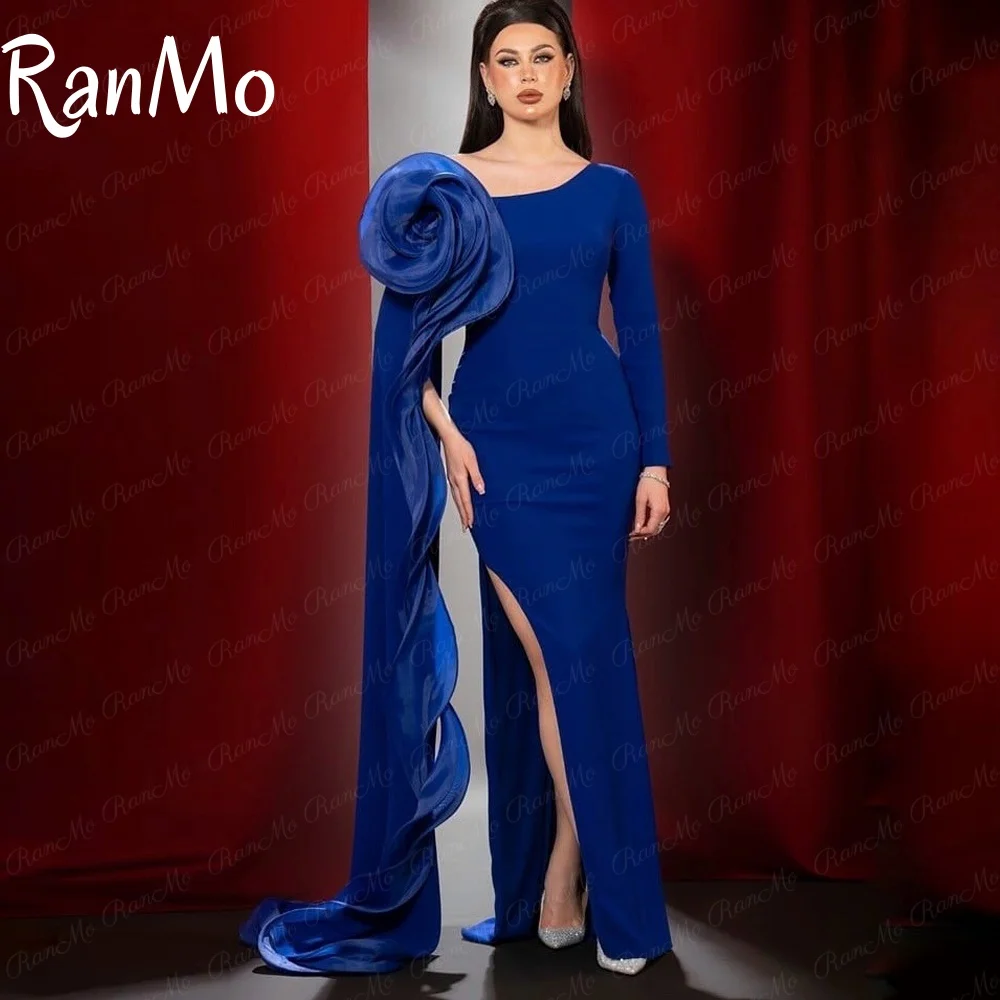 

Ranmo Customized Ruffles Long Sleeve Cape Prom Dresses Side Slit Saudi Elegant Flower Evening Dresses Party Gown Formal Occasion