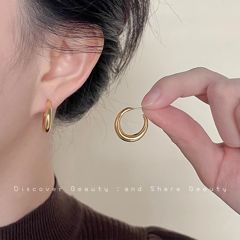 Real 925 Sterling Silver Matte Surface Smooth 18K Gold Geometry Stud Earrings For Women Punk Fine Jewelry Niche Accessories