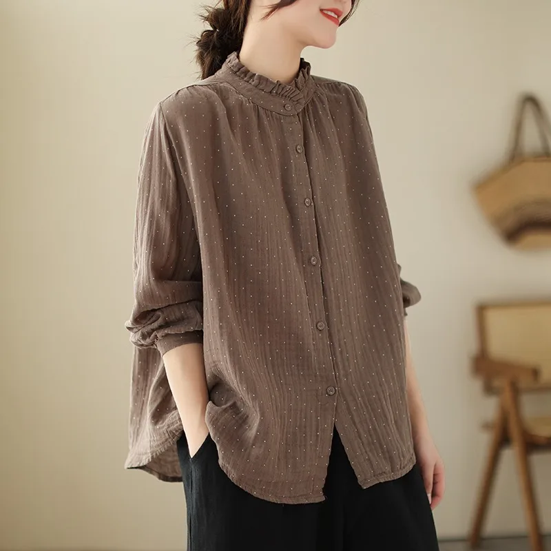 

Large Size Women's irt Spring 2025 New Original Artistic Flounce Design Sensation Small ence Polka Dot Ladies Blouse