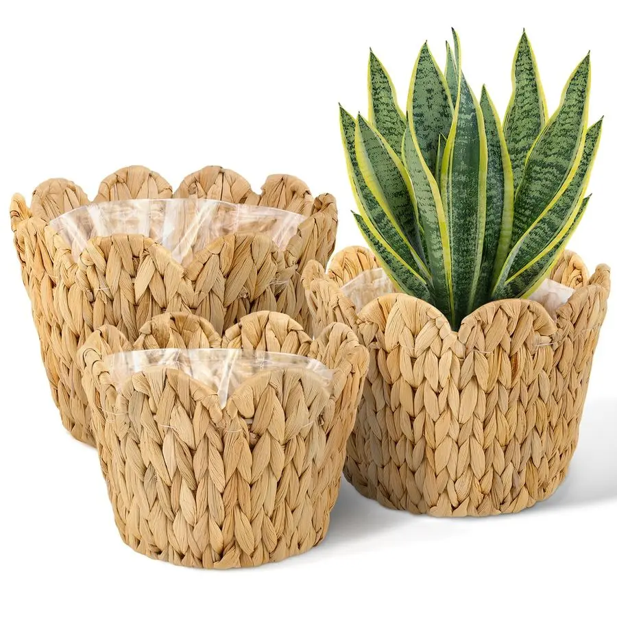 

ZUNKNOD 3 Pack Wicker Scalloped Plant Basket, Plant Baskets with Plastic Liner for Indoor, Hand Woven Water Hyacinth Flower Pot