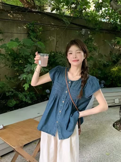 

New Sle Casual ort Sve irt Summer Versatile Korean Sle Leisure Denim Top Women's Faion Pleated Design Commute