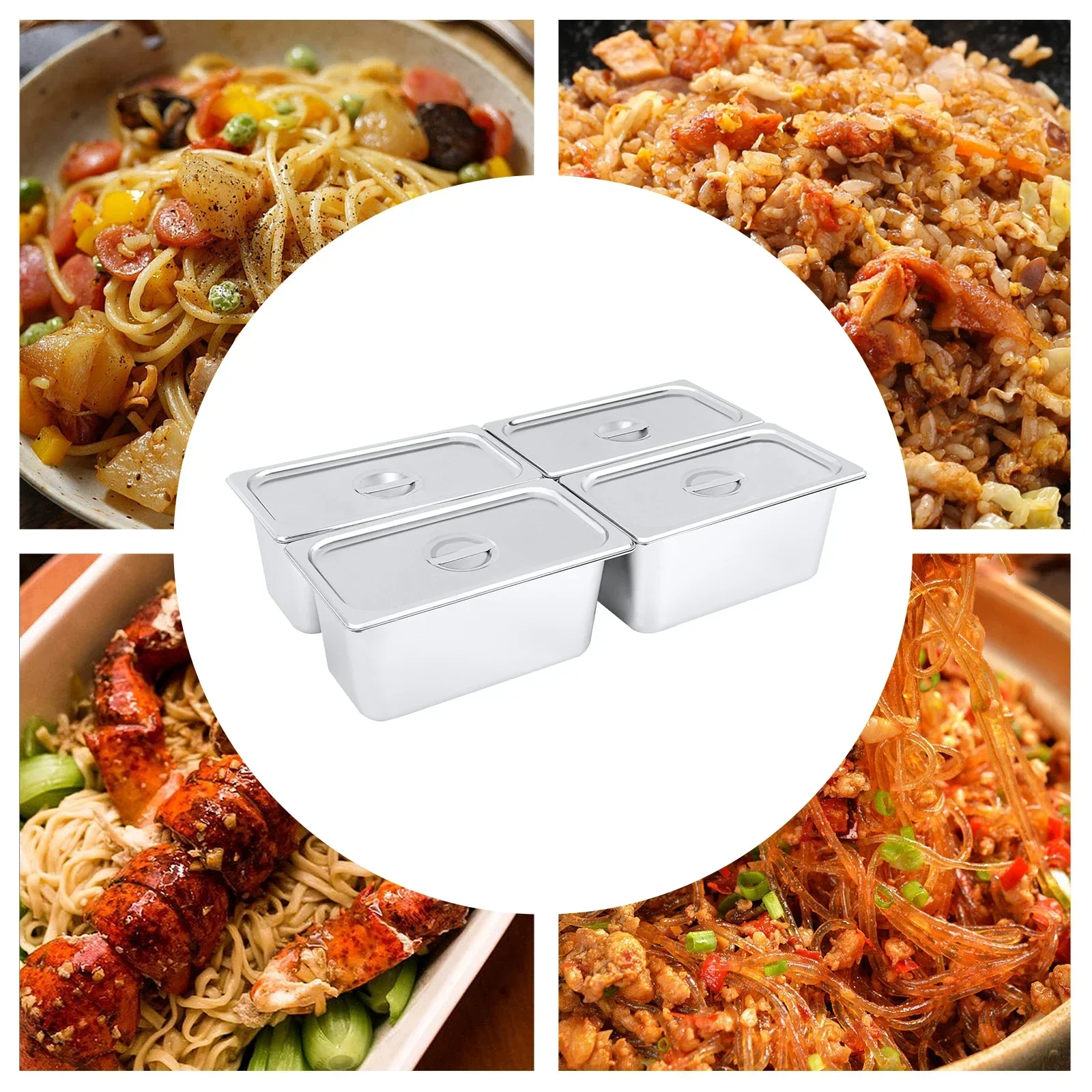 Brandneue 4 Edelstahl-Kulinarische Behälter 1/3 GastroNorm mit Deckel, tiefe Nahrungspfannen für Hotel-Lebensmitteltabletts, 6 Zoll