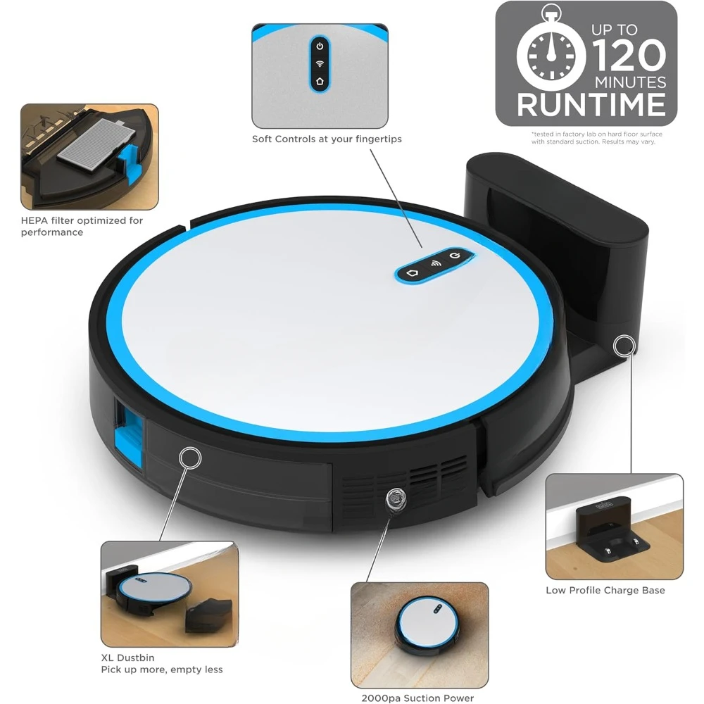 Robot Vacuum - 2000Pa Suction, Smart Mapping, App & Remote Control, 120 Min Runtime, Self-Charging, Works with Alexa