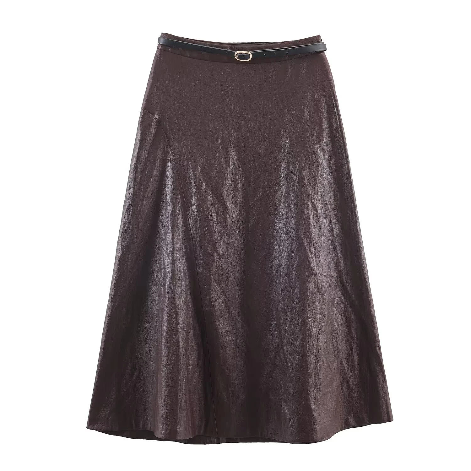 Design sense belt decoration high waisted leather effect MIDI skirt PU leather texture medium long A-line skirt