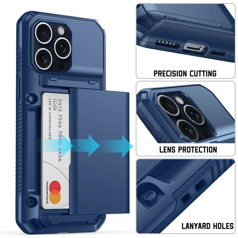 

Shockproof Slide Card Holder Wallet Case Hybrid Heavy Duty Cards Pocket Hard Back Phone Cover For Iphone 15 Pro Max Plus Funda