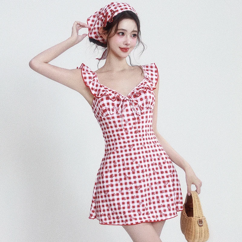 

Женский консервативный купальник-бикини в клетку с эффектом утяжки, термосогревающая юбка-накидка, купальник без косточек с подкладкой на груди