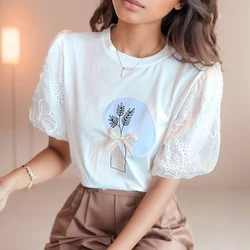 2024 Summer Puff Short Sleeve Spliced Lace Shirt Sweet Three Dimensional Bow Plant Printed T-shirt Elegant Round Neck Loose Tops