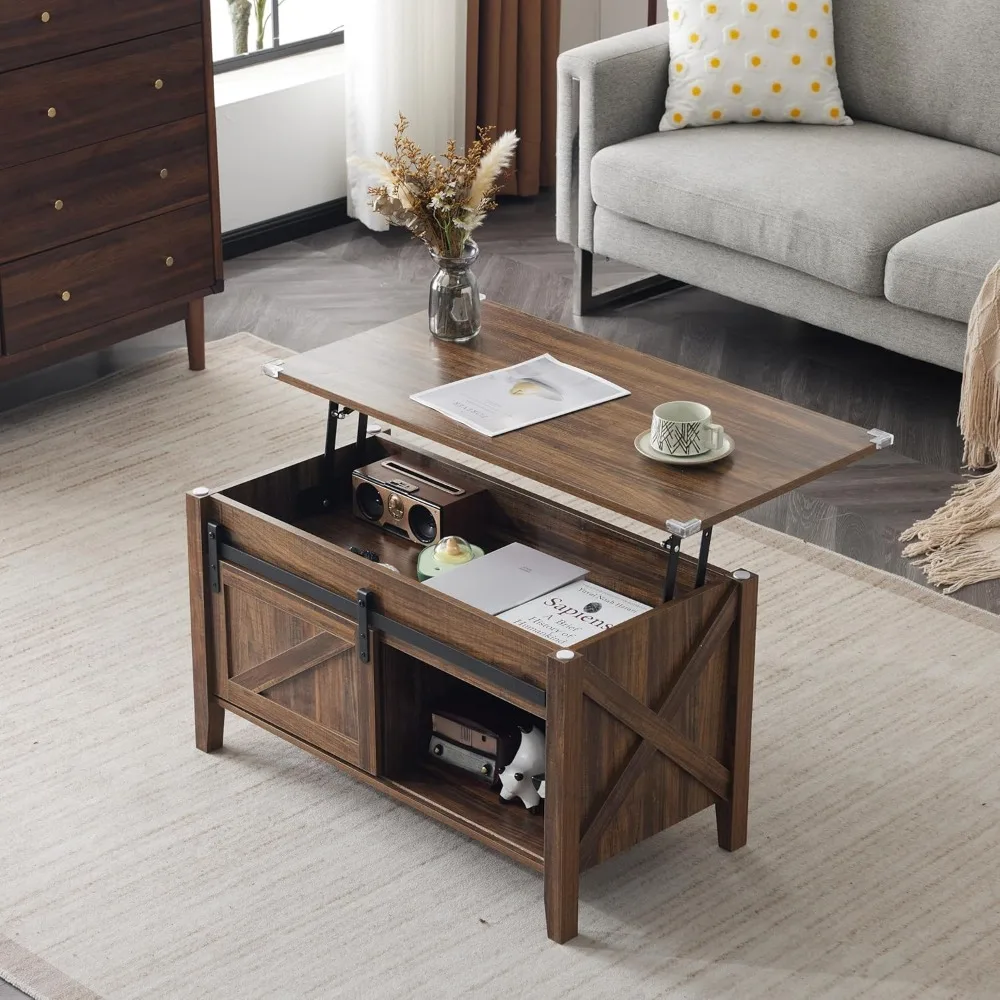 

Preferred Farmhouse Lift Top Coffee Table, Rustic Grey with Storage Shelf/Hidden Compartment, Mesa De Centro para Sala, Rustic B