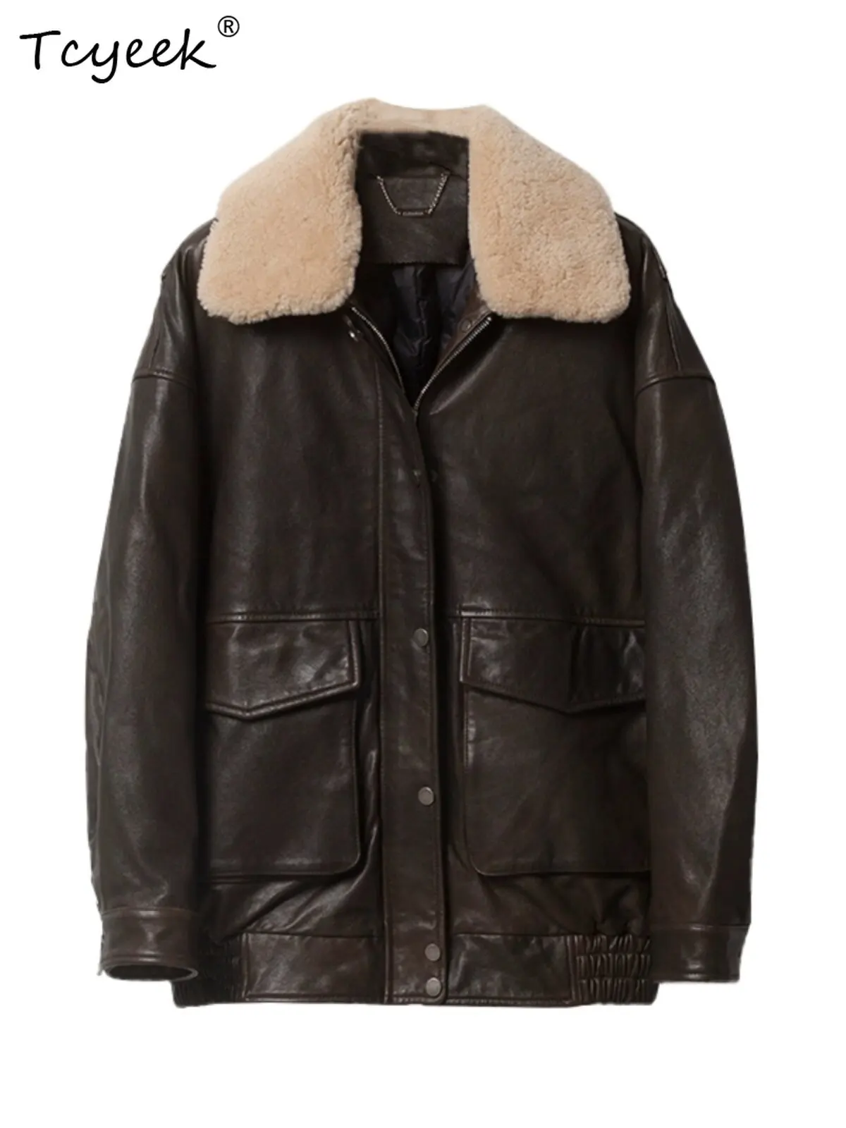 

Tcyeek Real Leather Jacket Women Winter Clothes Loose Fit Sheepskin White Goose Down Coat Woman Lamb Wool Collar Jaqueta Couro