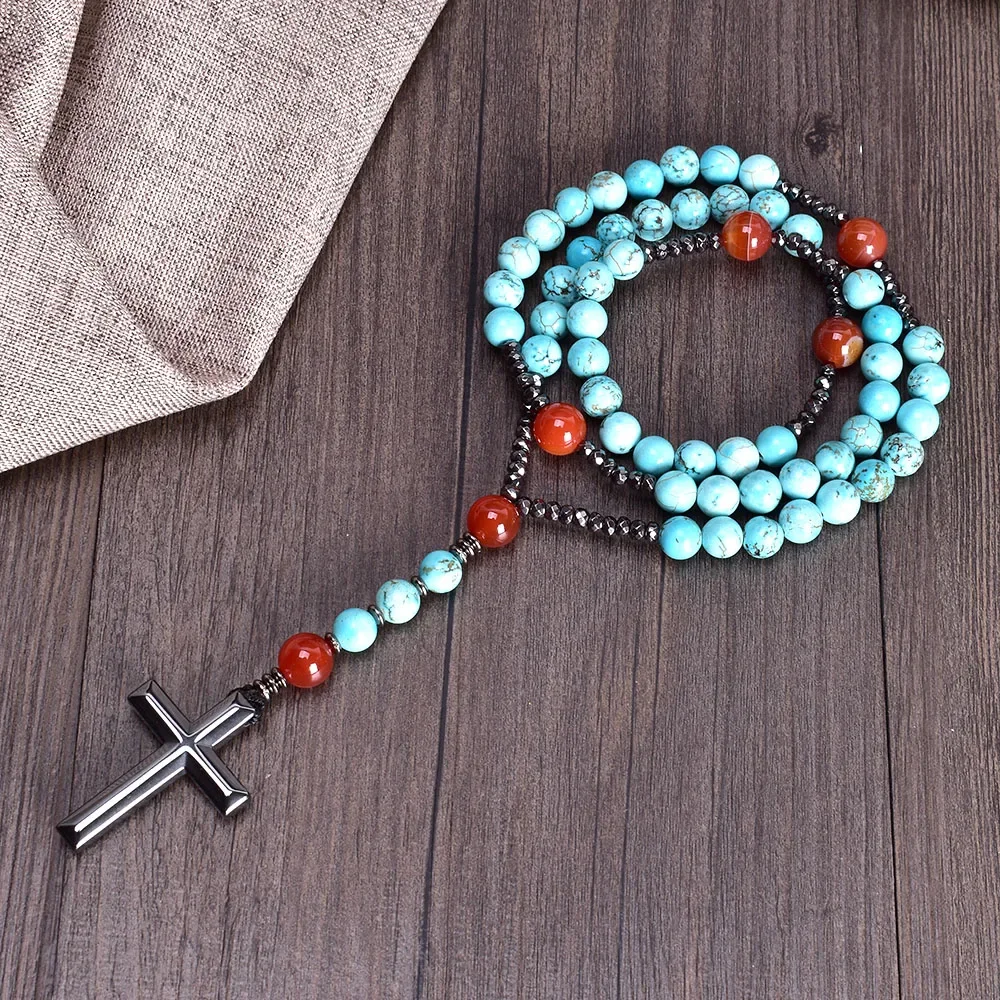 Natural Carnelian Turquoise Catholic Rosaries 5-decade Rosary Necklace for Man Women Hematite Cross Pendant Christian Jewelry