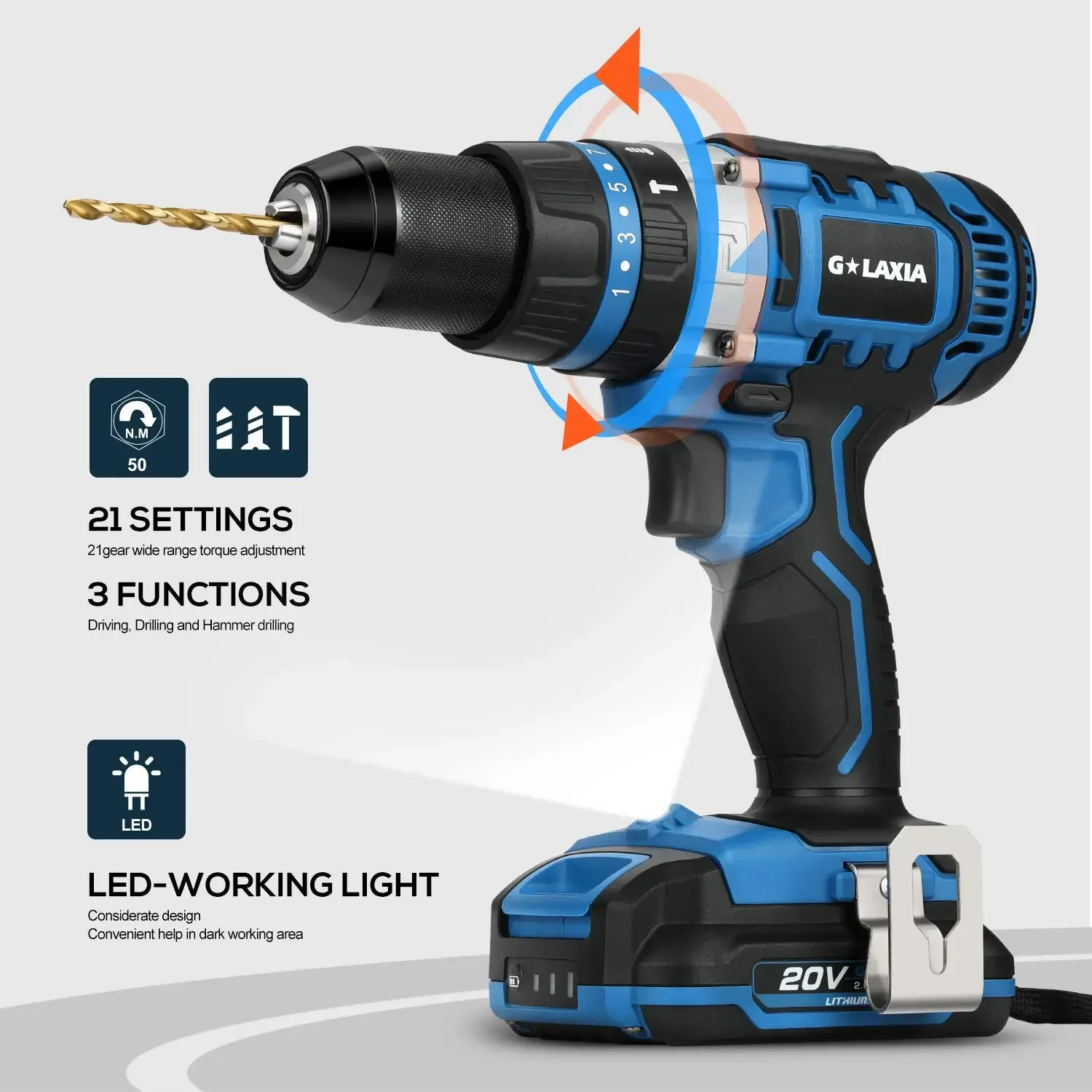 GALAXIA Cordless 20V Double Speed Impact Drill Spindle Lock with LED working light