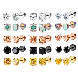 1 Pair Stainless Steel CZ Stud Earrings for Women Men Tragus Cubic Zirconia Flat Back Screw Back 18G Ear Piercing Set 2MM-8MM