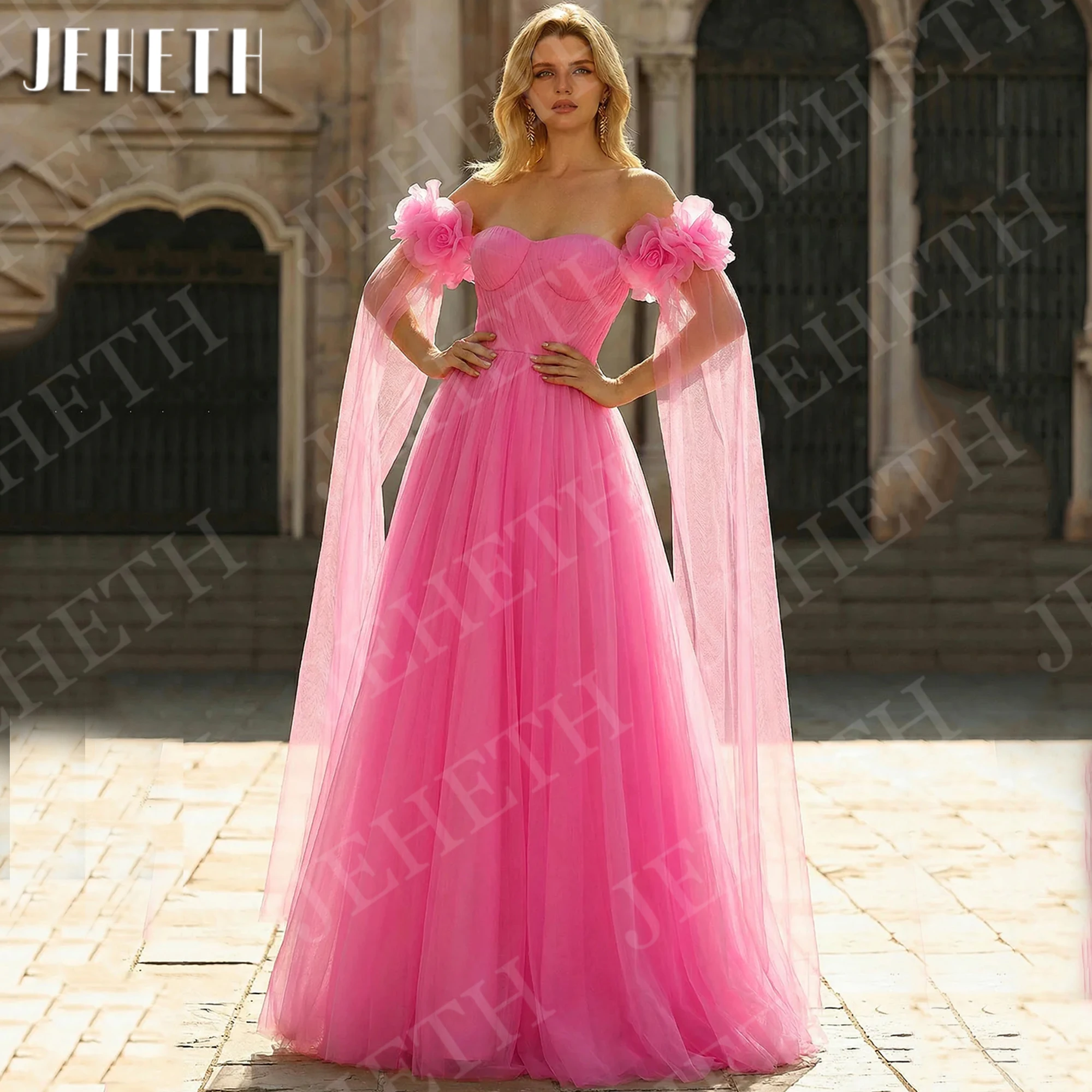 Vestido de fiesta de tul JEHETH rosa intenso con flores 3D mangas tipo capa corte en A estilo hada para desfile o fiesta personalizable Tulle vestido de baile fuera del hombro caliente rosa 3D flores cabo mangas una lí