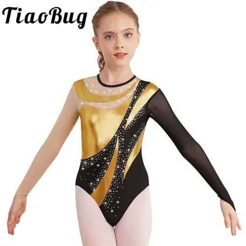 Imagen 1 del producto Leotardos de gimnasia para niñas, mono de Ballet de manga larga de malla bronceada, mono de patinaje sobre hielo con contraste metálico