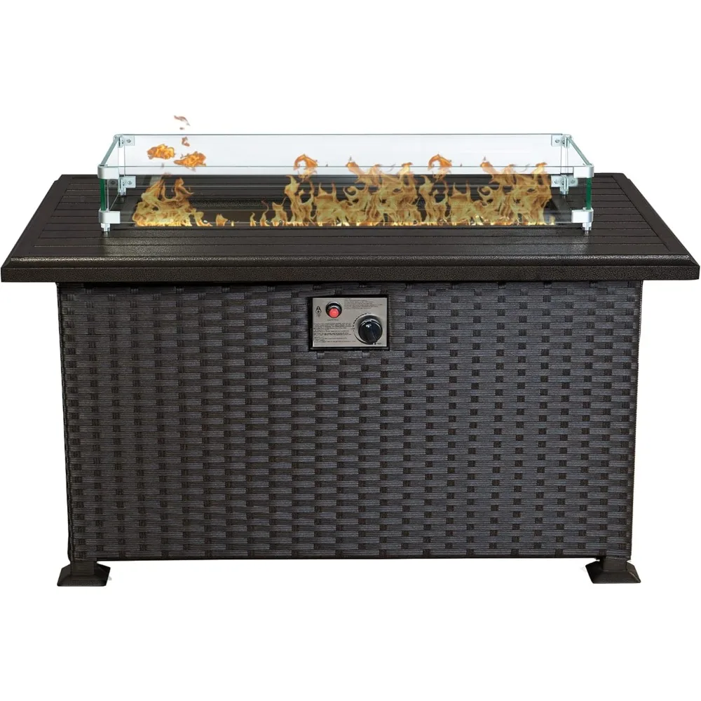 

Outdoor Patio Propane Gas Fire Pit Table - 50,000 BTU Wicker Design with Aluminum Tabletop, Glass Wind Guard, Clear Glass Rocks